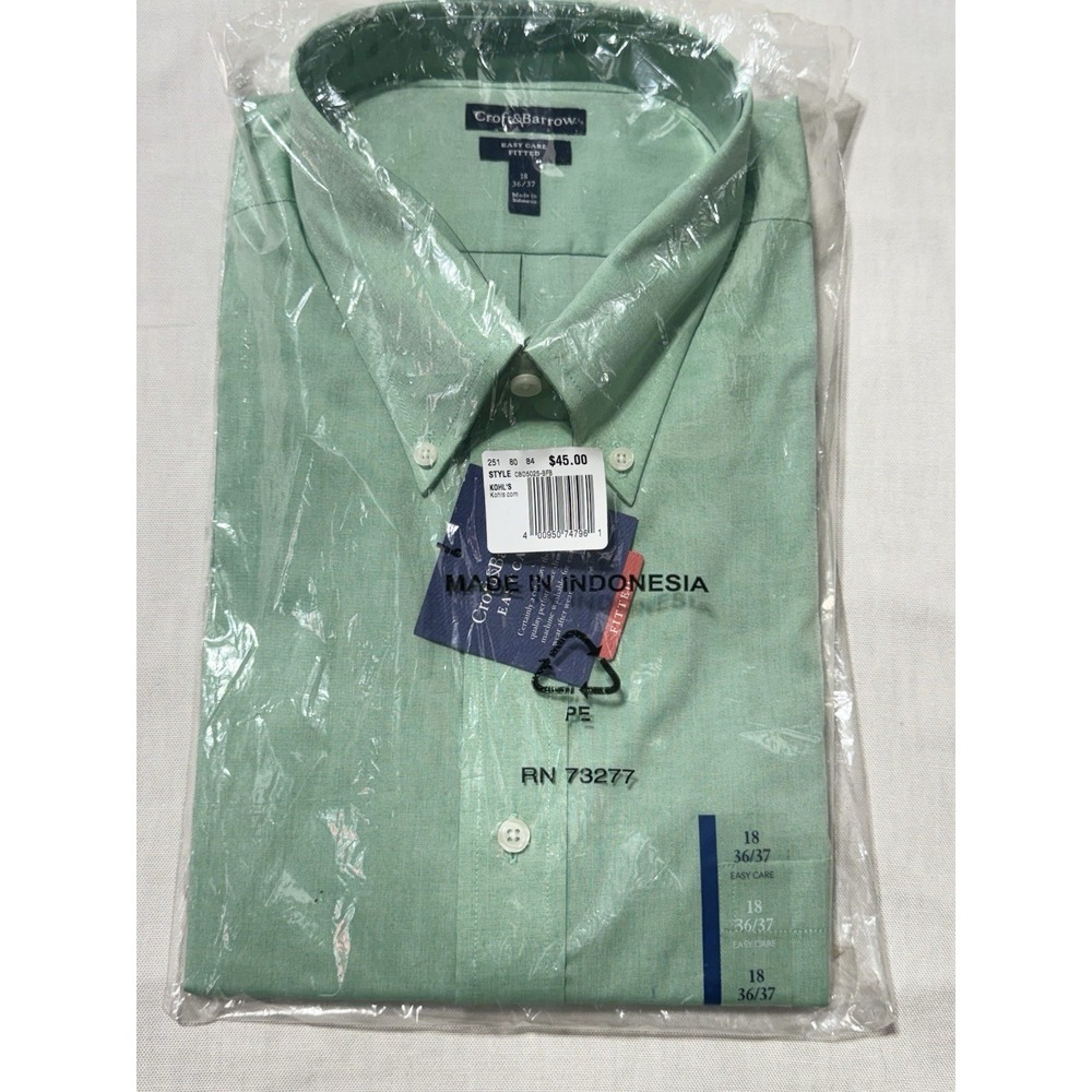 NWT Croft & Barrow Men's Dress Shirt Size 18 36/37 Light Green Easy Care